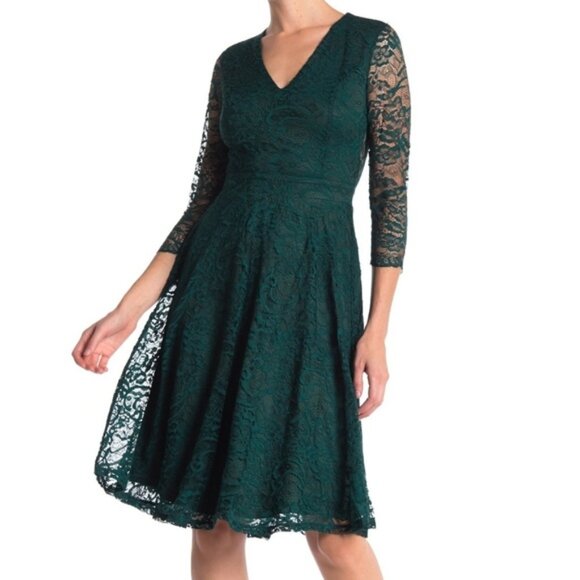 ALEXIA ADMOR V-Neck Lace Fit & Flare Dress Cutout Back Green XS NWT - Picture 2 of 8